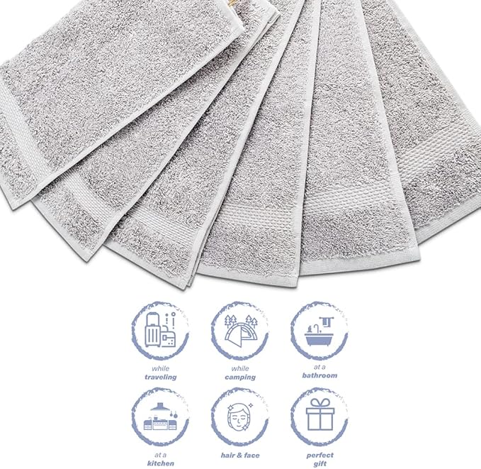 Hencely Premium 6-Pack Washcloths 12x12 Inches Soft Turkish Cotton High Absorbent and Quick Dry Dishtowel for Kitchen and Bath (Wash Cloth 6 Pack, Silver)