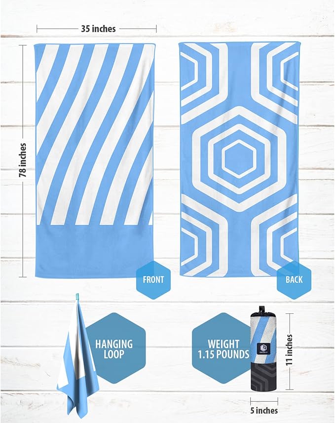 VENTURE 4TH Microfiber Beach Towel: Quick-Dry, Compact, Sand-Free, Absorbent, Sandproof and Lightweight - Perfect for Camping, Beach, and Roadtrips (Sky Blue Stripes Design | 35x78 inches)