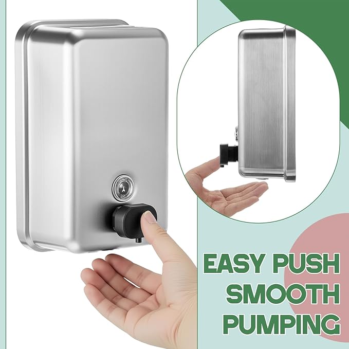 Maxdot 2 Pcs 37 oz/1100 ml Commercial Stainless Steel Soap Dispenser Wall Mount with Corrosion Proof Lining and Manual Anti Leak Pump for Home Bathroom Accessories Kitchen(Silver)
