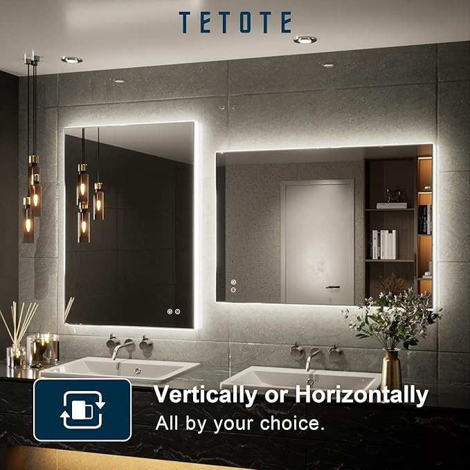 TETOTE Backlit Mirror for Bathroom, 20x28 Inch Vanity Mirror with Light, LED Anti-Fog Bathroom Mirrors, Modern Dimmable, CRI90+, Waterproof Lighted Mirror, Horizontal/Vertical Wall Mirror