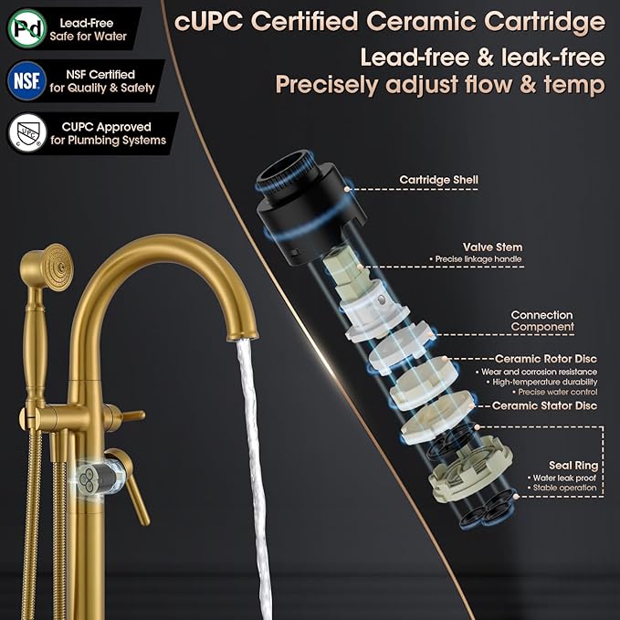 Free Standing Tub Faucet, Wintap Brass Antique Freestanding Bathtub Filler with Handheld Sprayer Max 6.6GPM/60PSI Classic Brushed Gold WT-9811BG