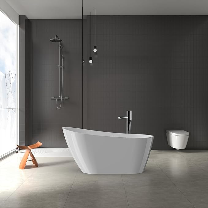 Freestanding Bathtubs 59 Inch Free Standing Bath Tub with Chrome Drain & Integrated Overflow, Elegant Free Standing Soaking Tub for Apartment or Condo Bathrooms, Luxury Soaking Tub for Relaxation