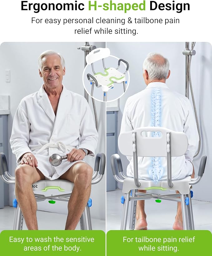 Ergonomic H-Shaped Shower Chair for Elderly and Disabled with Back & Padded Arms,500 lbs Heavy Duty Adjustable Shower Stool Seat for Easy Cleaning, Anti-Slip Bath Chairs for Bathtub