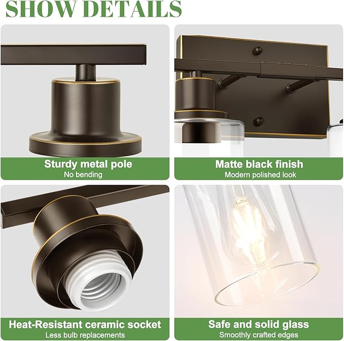 4-Light Bathroom Light Fixtures, Vanity Light with Clear Glass Shades, Oil-Rubbed Bronze Bathroom Light Fixtures Over Mirror, Modern Bathroom Wall Lamp for Mirror Living Room Cabinet Bedroom