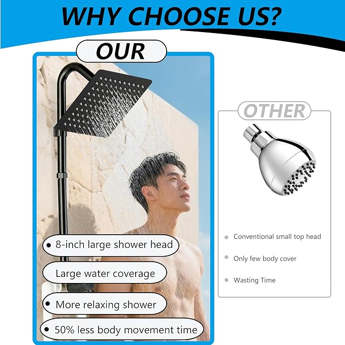 LIWEIKE Outdoor Shower Kit, All Mental Matte Black Outdoor Shower Fixtures with 8 Inch Rainfall Shower Head Outside Shower with Single Handle for Backyard, Valve Included