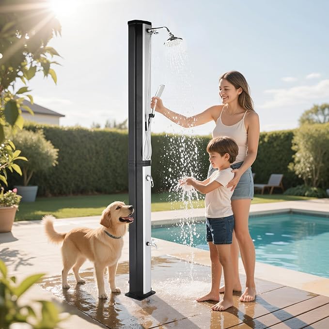 VINGLI Solar Heated Shower,2-Section with Shower Head and Foot Shower Tap，for Outdoor Backyard Poolside Beach Pool Spa,Black (16 Gallon- Sliver&Black Surface)