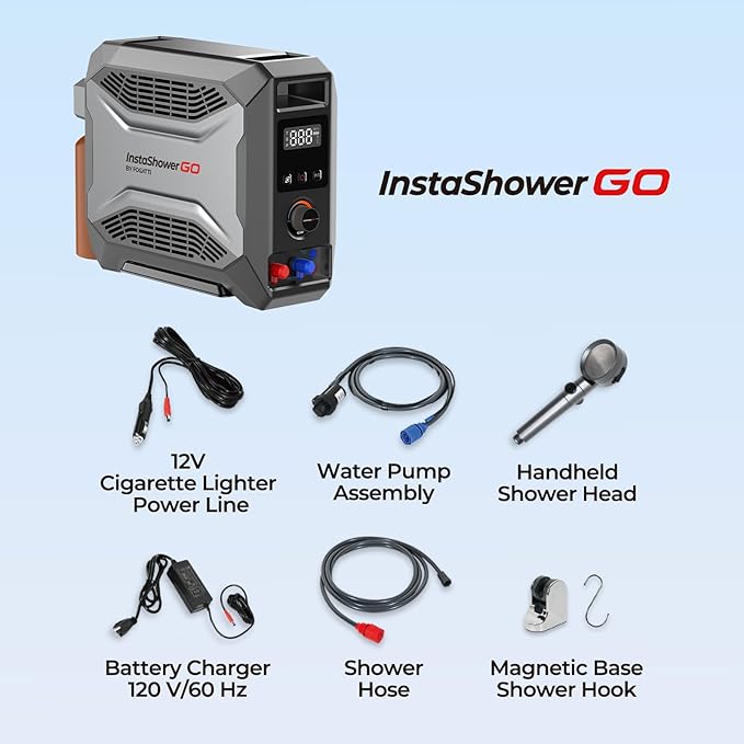 FOGATTI InstaShower GO, Portable Propane Tankless Water Heater 19,000 BTU, with 5000mAh Rechargeable Built-in Battery, DC 12V, Outdoor Camping Shower