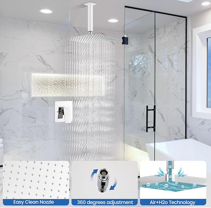 Airuida Shower Faucet Set and Handle Set Single Function Shower Trim Kit Ceiling Mount Rainfall Shower System with Male Threads and Rough-in Valve 12 Inch Square Shower Head Chrome Polish