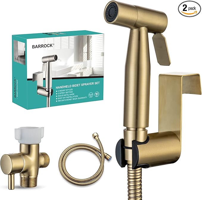 BARROCK Handheld Bidet Sprayer for Toilet, 2 Pack Bidets Faucet for Existing Toilets Cloth Diaper Jet Sprayer, Stainless Steel Muslim Shower Brushed Gold Bidet Attachment Set for Baby/Feminine Wash