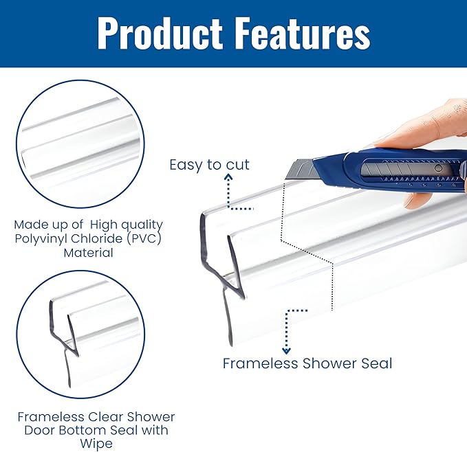 KC Hardware 36 Inch Frameless Clear Shower Door Bottom Seal with Wipe, Shower Door Sweep for 3/8 Glass- Stops Water Leakage and Shower Leaks
