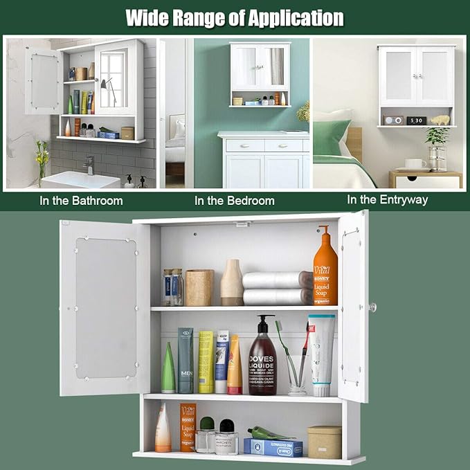 Tangkula Bathroom Medicine Cabinet with Mirror, Wall Mounted Wooden Hanging Organizer with Doors and Shelves, Bathroom Wall Mirror Cabinet (Mirror Doors, White)
