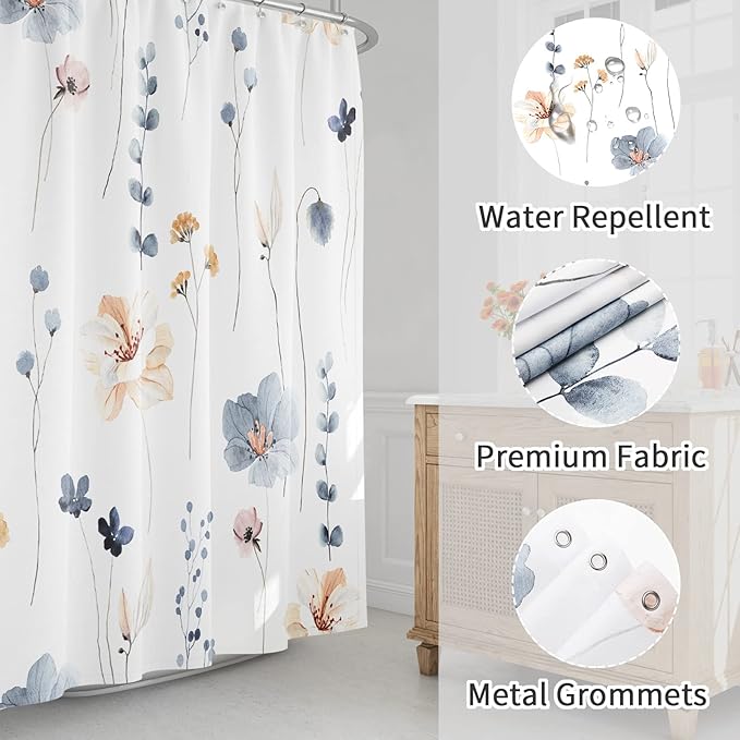 Gibelle Long Shower Curtain 72 x 78, Watercolor Floral Fabric Shower Curtain, Blue Beige Flower Decorative Bathroom Shower Curtain Set