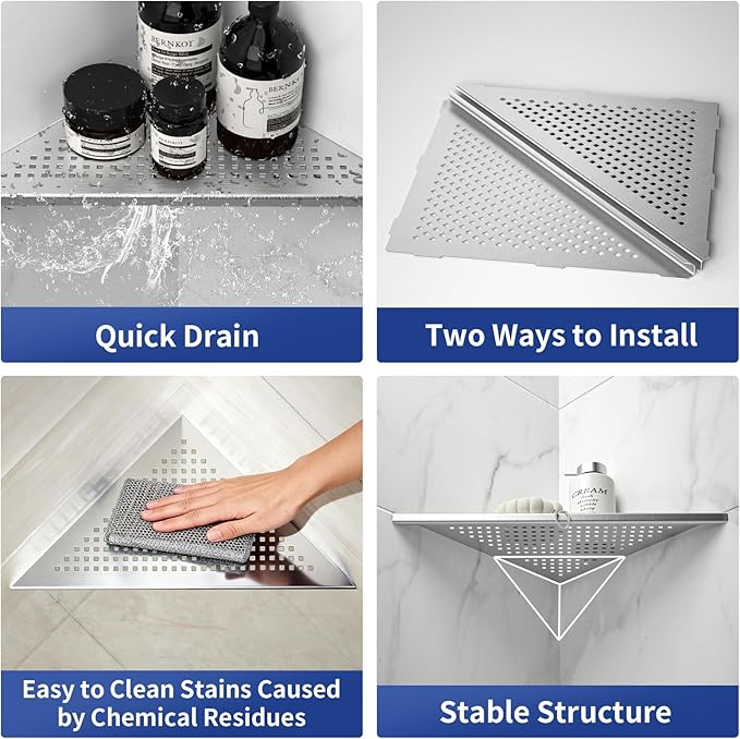 Corner Shower Shelves, 12" Brushed 304 Stainless Steel Recessed Shelf for Bathroom, Grout in Shelf for Tiled Wall, 2 Pack Large Size
