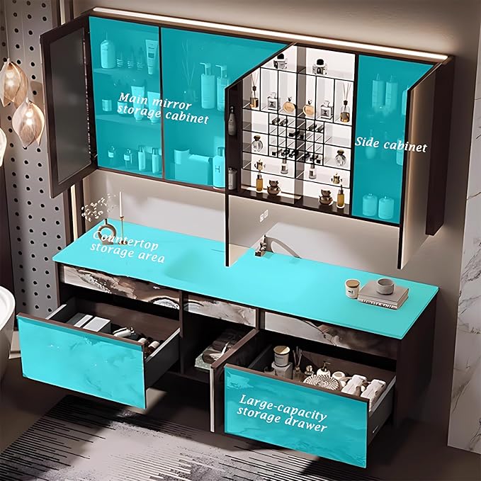 76IN Modern Bathroom Vanity with Sink - Bathroom Vanity with 2 Drawer Organizer, LED Mirror Lights & Defogging Function | Wall - Mounted Vanity with Multifunctional Storage Rack