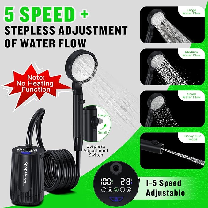 Portable Shower for Camping, [Upgraded] 10000mAh Rechargeable Camping Shower with 5 Adjustable Speeds,Premium LED Display, IPX8 Waterproof Outdoor Shower Kit for Hiking, Car, Pet, Travel