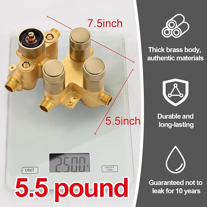 Modern Push Button 3 Way Thermostatic Shower Valve, Concealed 3 Outlet Multi Function Brass Mixer Shower Diverter Valve Kit Can Control Flow and On-Off Simultaneously, Brushed Gold