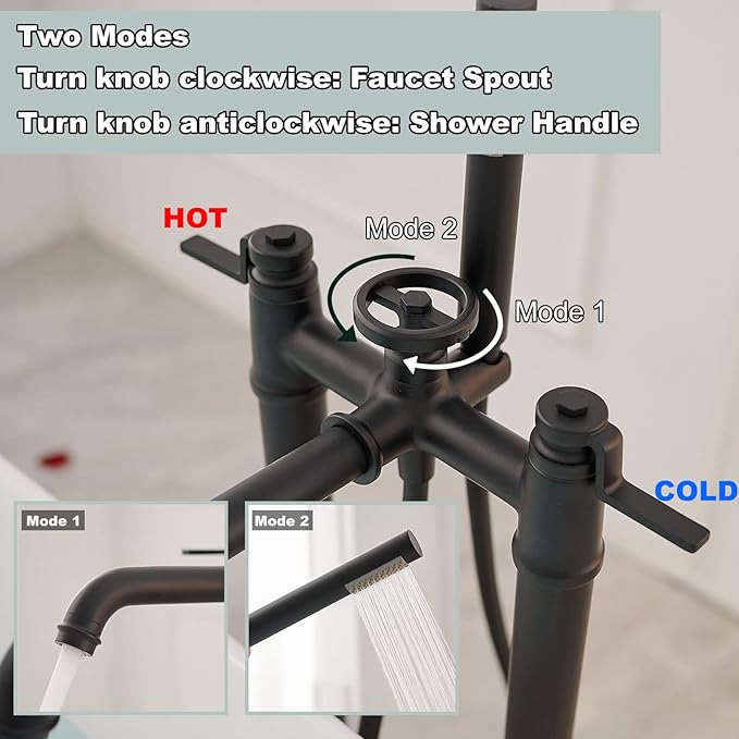 Gold Freestanding Bathtub Faucet Floor Mount Tub Filler with Handheld Shower Two Handle Two Feet High Flow Rate Mixer Tap Bathroom Tub Faucet