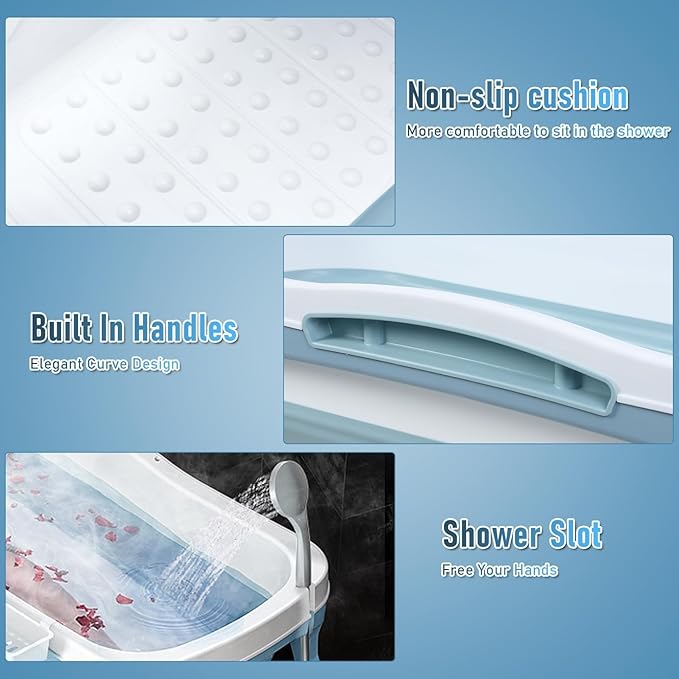 Portable Bathtub for Adult, 56'in Foldable Collapsible Tub, Ergonomically Designed Pop up Bathtub, For the Ultimate Relaxing Soaking Bath, Ideal for Small Spaces - Quick, Effortless Using Bl
