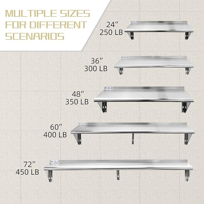 Hally Stainless Steel Shelf 14 x 24 Inches 250 lb Commercial Wall Mount Floating Shelving for Restaurant, Kitchen, Home and Hotel
