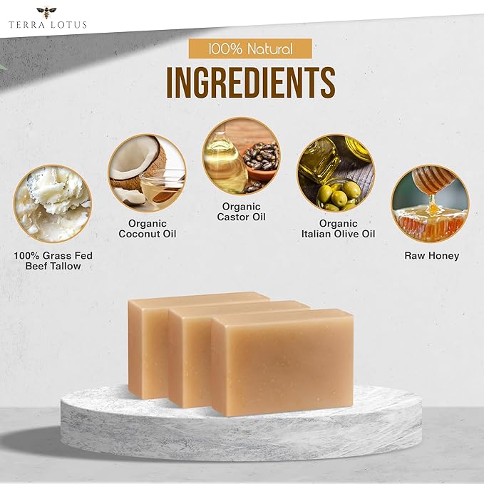 Organic Tallow Soap with Organic Castor Oil & Raw Honey - Relief for Dark Spots, Acne Marks, Hydrating & Nourishing - 3 Pack (Lavender)