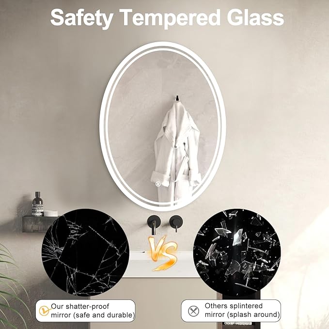 36 X 28 Inch Oval LED Bathroom Mirror Anti-Fog Wall Mounted Lighted Bathroom Vanity Mirror Smart Makeup Mirror 3 Colors Light Dimmable Touch Switch