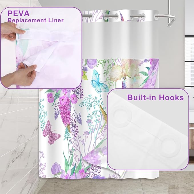 No Hook Shower Curtain with Snap in Liner for Bathroom,with See Through Top Window, Double Shower Curtain with Detachable Fabric Liner Replacement, Machine Washable, Purple Floral, 71"x 74"