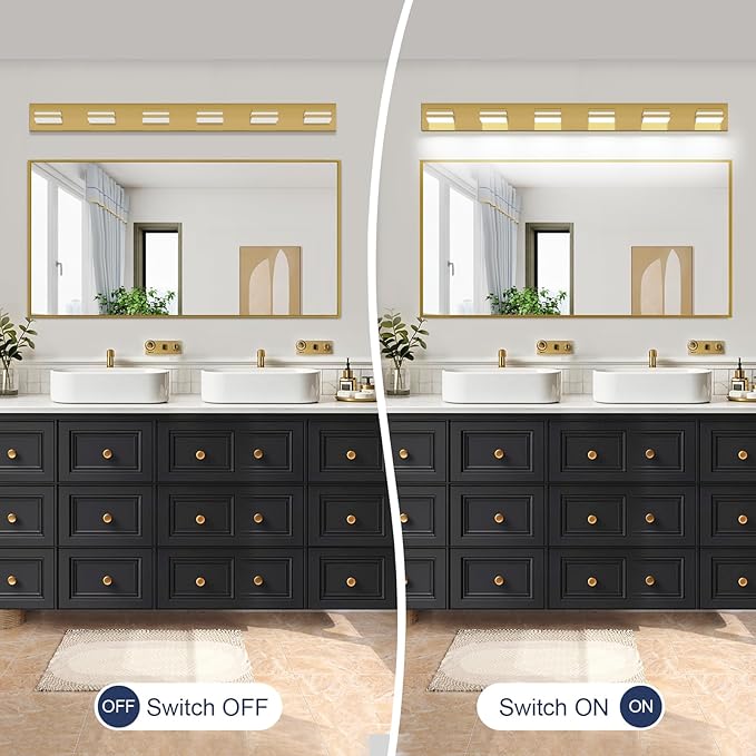 SineRise LED Modern Bathroom Vanity Light Fixtures (6-Light, 48-Inch), Brass Modern Acrylic Bathroom Wall Lighting Fixtures Over Mirror (Cool White 6000K)