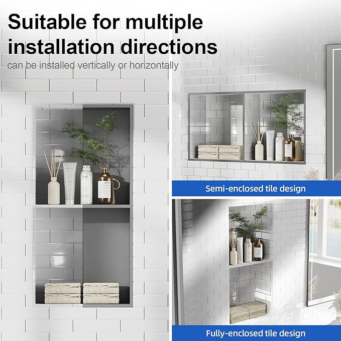 Bathbliss Shower Niche, No‑Tile Recessed Wall Niche, 11.18"x22.3" SUS304 Stainless Steel Double Shelf, Leak‑Proof Waterproof for Bathroom Storage, Grey Shower Niche