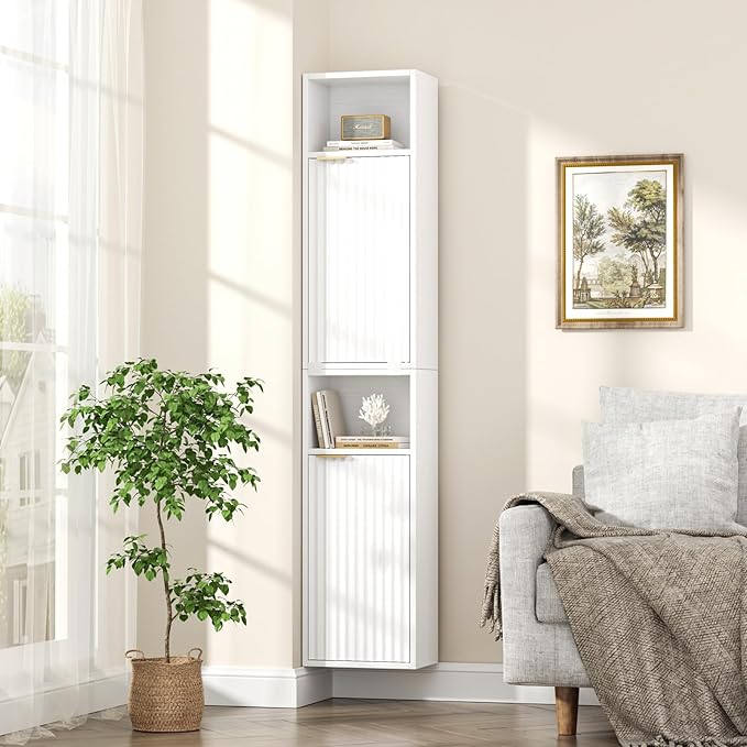 59.1" Tall Slim Bathroom Storage Cabinet White | Freestanding or Wall Mounted Modular Cabinet, Fluted Panel Linen Tower with Adjustable Shelves for Small Spaces