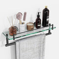 Bathroom Towel Rack with Tempered Glass Shelf 16 Inch, Matte Black Floating Wall Mount Storage