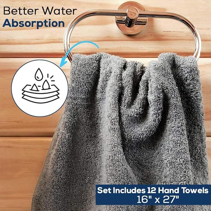 SIMPLI-MAGIC Cotton Hand Towels 16"x27" (12 Pack) – Soft Towels for Bathroom, Kitchen, Salon & Gym (Gray)