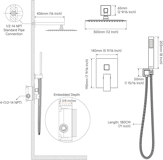 EMBATHER Shower System 12" Shower Faucet Set for Bathroom Luxury Rain Mixer Combo Set Wall Mounted Rainfall Square Shower Head, Easy Installation, Contain Rough-in Valve & Trim, Brushed Nickel