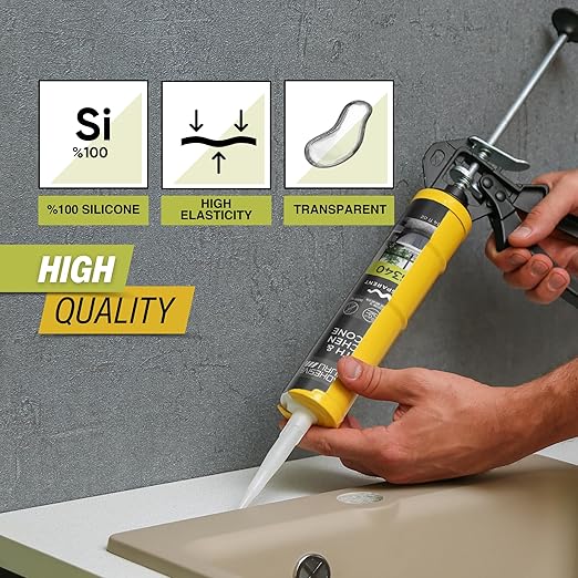 Adhesive Guru AG340 Clear Silicone Sealant (12x10.14 fl oz), 100% Silicone Caulk, Weatherproof & Flexible Adhesive Sealant for Bath and Kitchen, 12 Pack