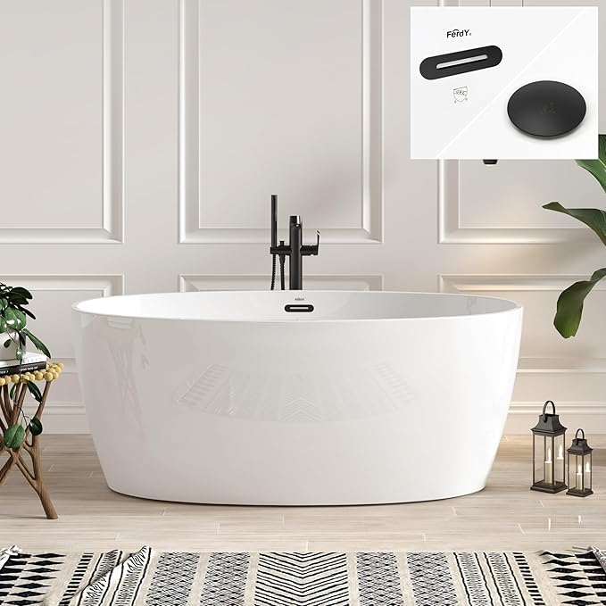 FerdY Tahiti 59" Acrylic Freestanding Bathtub, Elegant Oval Shape Soaking Bathtub, Glossy White, Matte Black Drain & Matte Black Overflow Assembly Included cUPC Certified