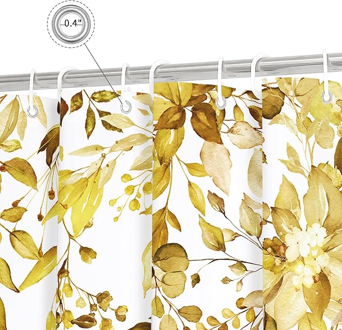 Gibelle Yellow Eucalyptus Shower Curtain, Watercolor Plant Leaves with Floral Bathroom Shower Curtain Set, 72x72