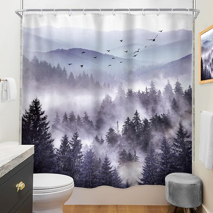 Riyidecor Purple Mountain Shower Curtain 72Wx78H Inch Nature Scenery Landscape Rustic Pine Tree Misty Foggy Mountain Dark Natural View Mens Bathroom Decor Fabric Polyester Waterproof 12 Pack Hooks