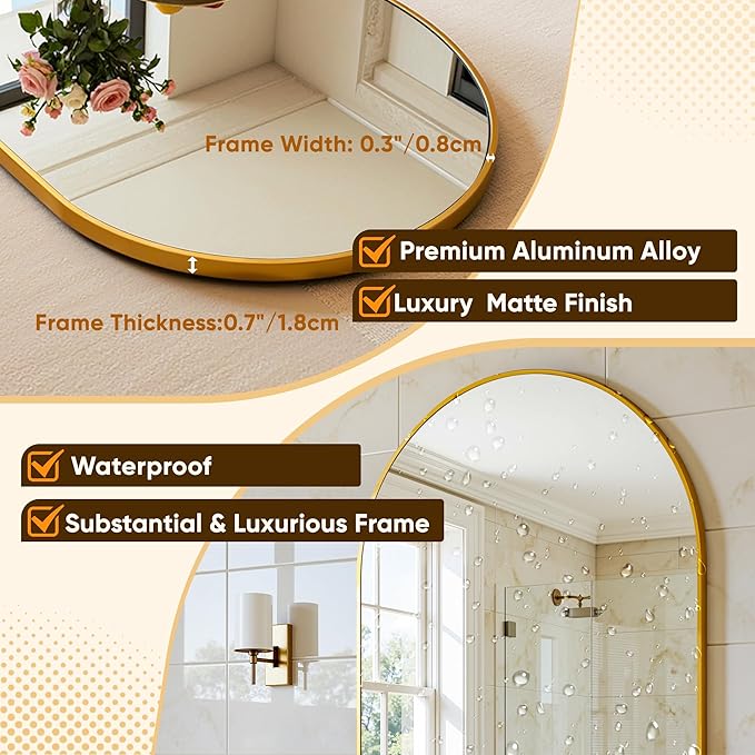 Arched Mirror 24"x36", Bathroom Mirror, Wall Mounted Vanity Mirror with Arch Metal Frame for Bathroom, Over Sink, Bedroom, Living Room, Flat Frame, Gold
