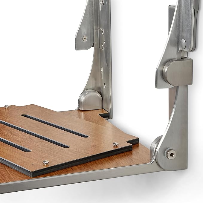 Seachrome Silhouette Comfort Folding Wall Mount Shower Bench Seat with Arms, Rustic Teak Seat with Silver Frame
