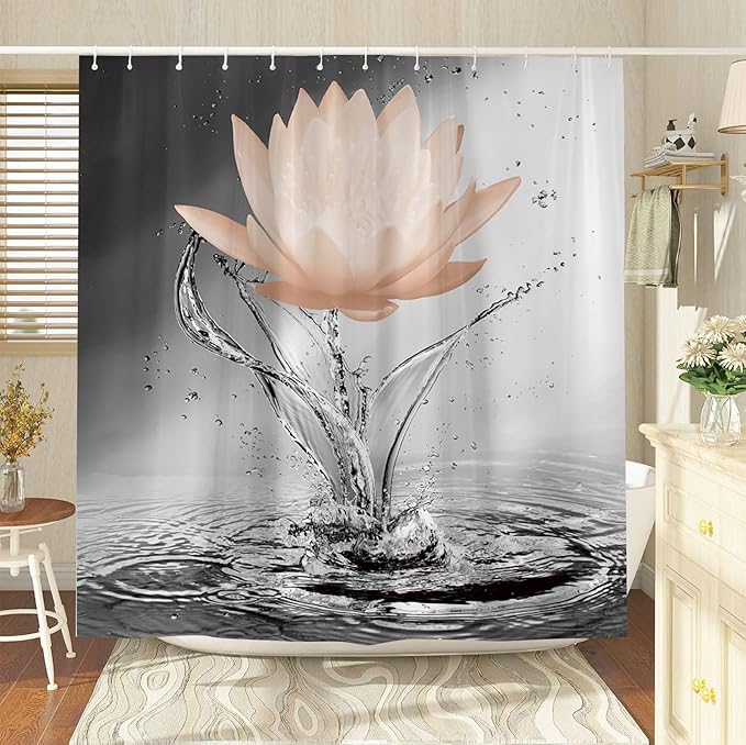 Lotus Shower Curtain Black White Grey Orange Flower Elegant Blooming Floral with Dew Spring Flower Reflection on Water Modern Romantic Polyester Fabric Bathroom Decor 60×70 Inch with Hook