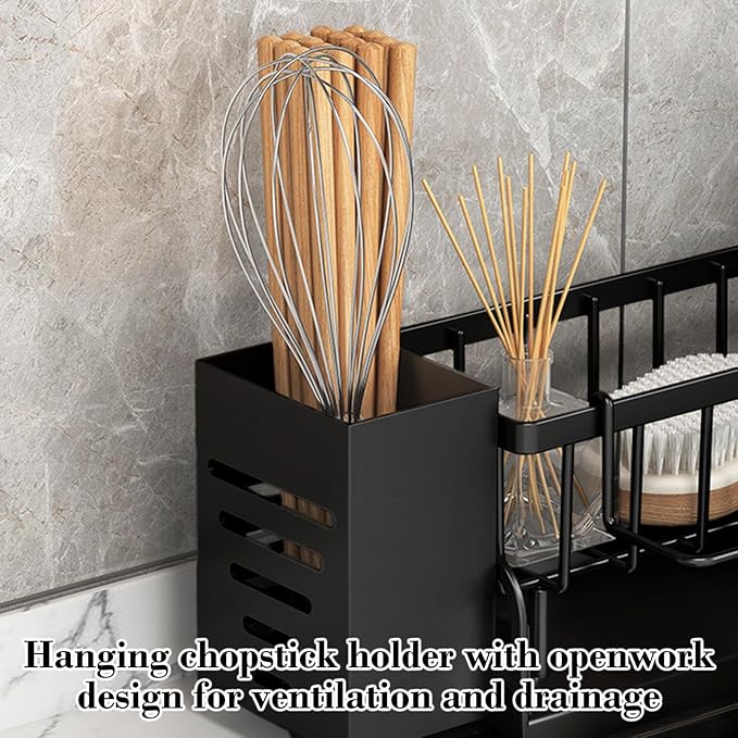 Kitchen Sink Caddy Organizer, Sponge Holder for Kitchen Sink with Drain Tray, 3 Compartments Utensil Drying Rack, Kitchen Utensils Holder with Towel Bar, Kitchen Countertop Organizers