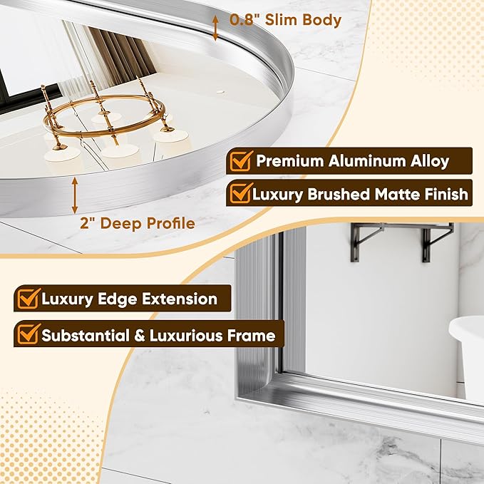 Arched Mirror 30"x40", Bathroom Mirror, Wall Mounted Vanity Mirror with Arch Metal Frame for Bathroom, Over Sink, Bedroom, Living Room, Deep Frame, Silver