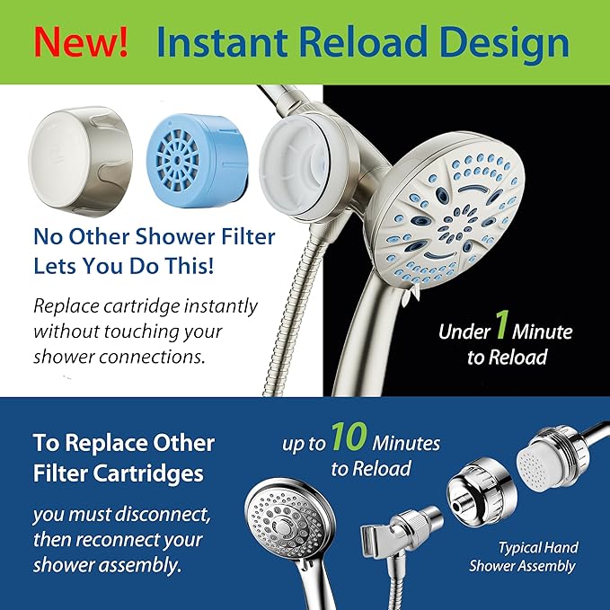 AquaCare Magneton 8-setting Magnetic Docking Hand Shower with Built-in Shower Filter - ON/OFF Filtration Modes, Instant Cartridge Reload, Stay-Clean KDF Cartridge, 6 ft. Steel Hose, Satin Nickel
