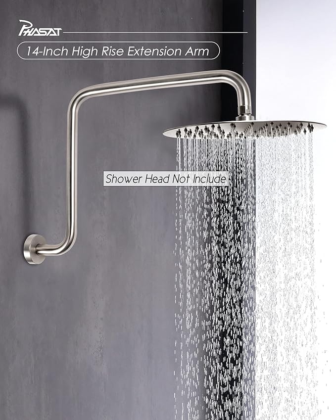 PHASAT S Shaped Shower Arm, 16.65 Inches High Rise Shower Arm with Flange,Shower Head Extension Arm Replacement,Shower Arm Extension Brushed Nickel,PU9L02