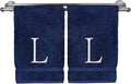Monogrammed Hand Towel, Personalized Initial Gift, Extra Absorbent 100% Turkish Cotton - Soft Terry Finish - Set of 2 - White Block Initial L - Embroidered on Navy Blue Towels