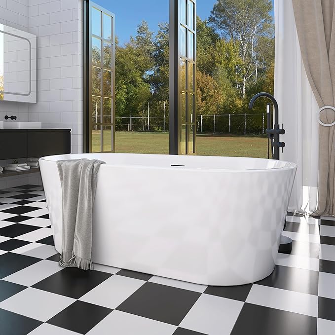 67" Free Standing Tub, Pure Acrylic Freestanding Bathtub, Stylish Stand Alone Tub, Contemporary Deep Soaking Bath Tub, cUPC Certified SY1570 (Glossy White)