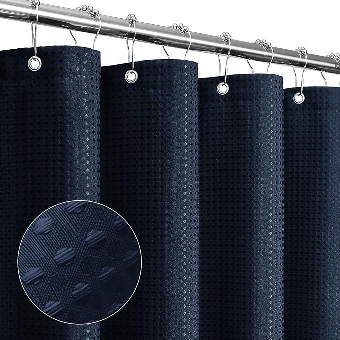 Gibelle Navy Blue Shower Curtain, Waffle Weave Textured Fabric Shower Curtain for Bathroom - Soft Cloth & Hotel Spa Luxury, Water Repellent, Machine Washable, 72X72, Navy Blue