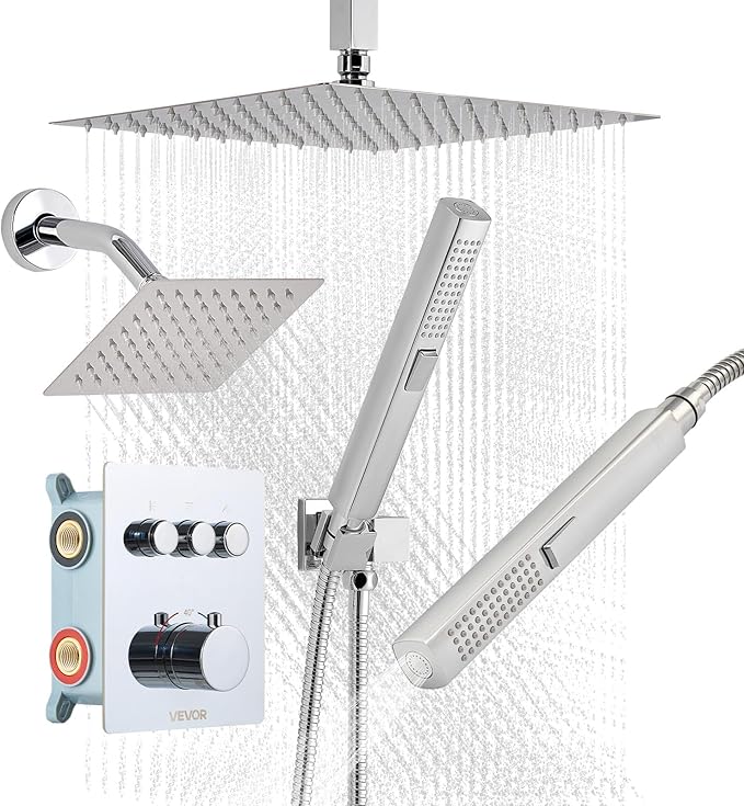 VEVOR Shower Faucet Set, 12 Inch Thermostatic Ceiling Mount Rainfall Shower System with 6 Inch Wall Mount Head and 2 in 1 Handheld Spray, 3-Function Dual Rain Head Brass Valve and Trim Kit, Chrome