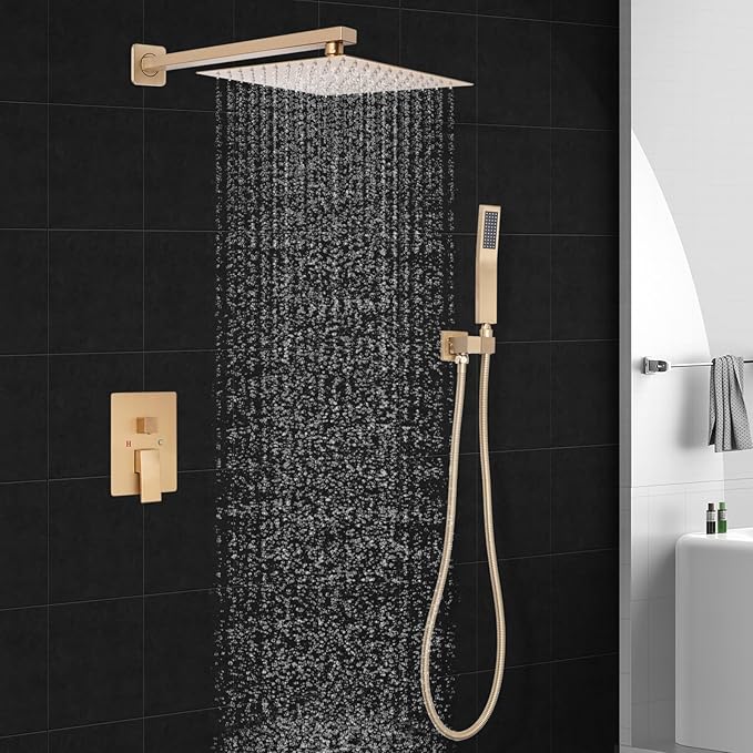 Brushed Gold Square Shower Head with Handheld Set, Rainfall Shower System Modern Wall Mounted Shower Faucet for Bathroom 12 inch (With Shower Valve)