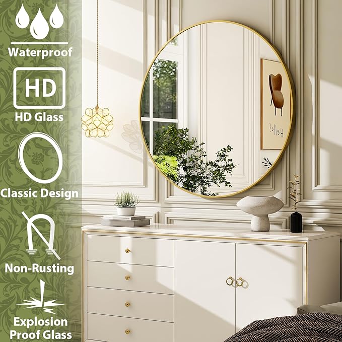 24 Inch Round Bathroom Mirror - Gold Wall Mounted Circle Mirror with Metal Frame, Modern Round Hanging Mirror Suitable for Bathroom, Vanity, Entryway, Living Room
