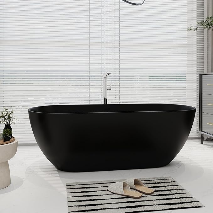 SJ STAR&JANE 69" Solid Surface Freestanding Bathtub Oval Stone Resin Soaking Tub Modern Stand Alone Tub with Overflow & Pop-up Drain, Matte Black for Bathrooms